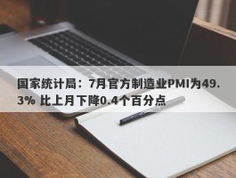 国家统计局：7月官方制造业PMI为49.3% 比上月下降0.4个百分点